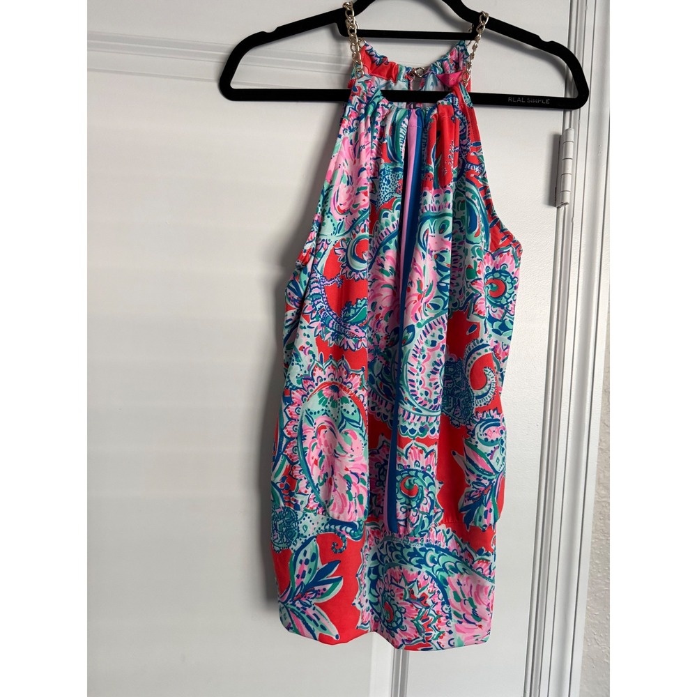 Lilly Pulitzer Women M Pink Blue Paisley Gold Chain Halter Top Sleeveless Blouse